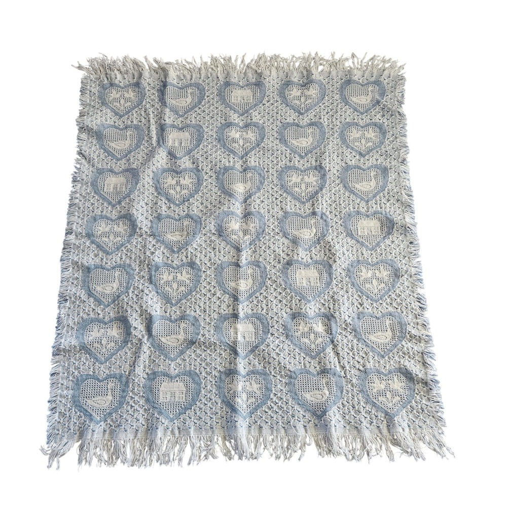 Vintage Style Woven Throw Blanket‎ Blue Cream Cottagecore Fringe Farmhouse Heart